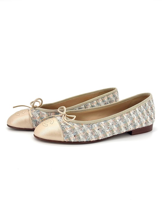 CHANEL Shoes - Chanel Tweed Cap Toe Bow CC Logo Ballerina Flats 36.5